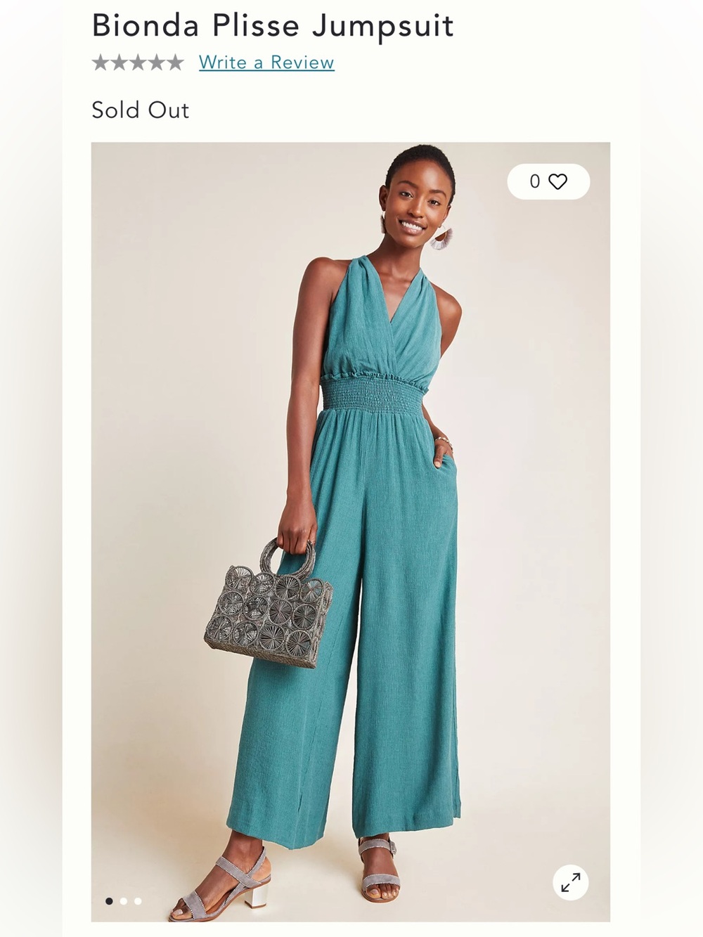 Anthropologie Bionda Plisse Jumpsuit Teal Green Smocked Waist Crinkle S